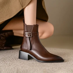 NOWOŚĆ Jesienne buty damskie Split Leather Shoes for Women Pointed Toe Chunky Heel Shoes Slip-on Ankle Boots Belt Buckle Chelsea Boots