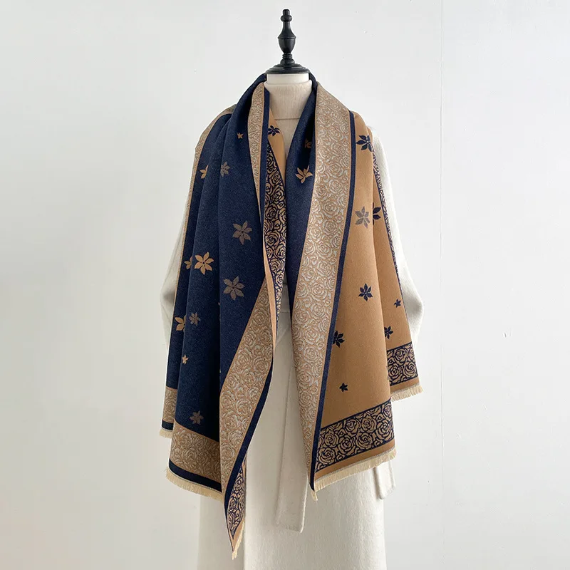 winter fresh floral women's imitation cashmere shawl double-sided jacquard tassel thickened warm retro literary tone scarf