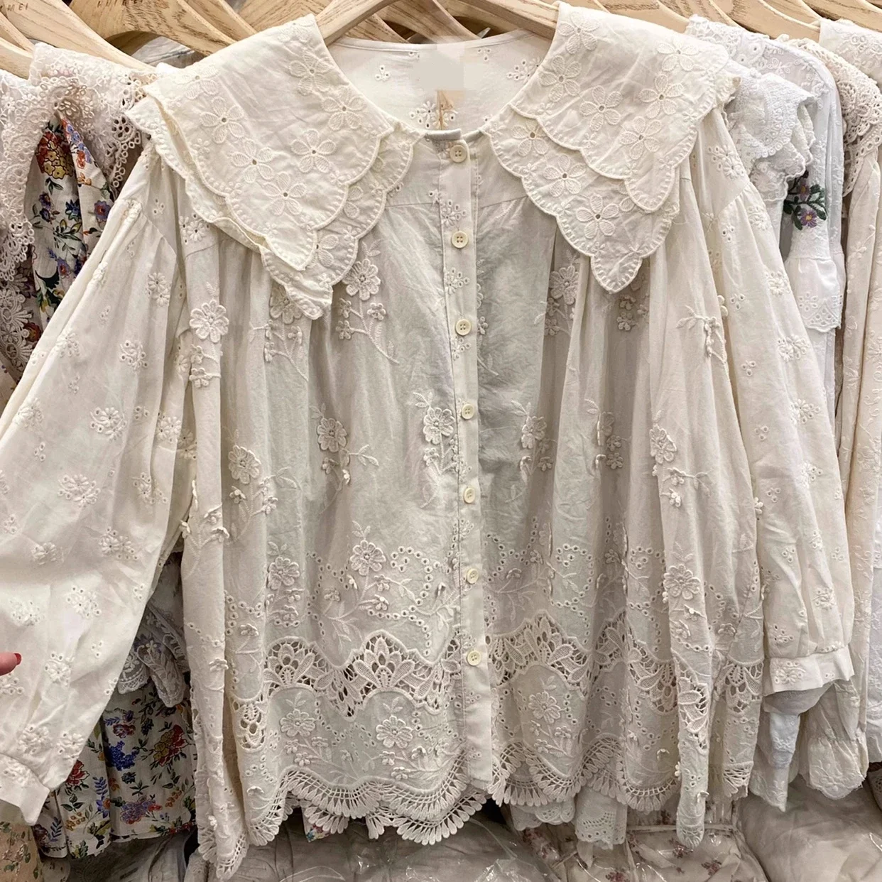 Victorian Retro Chic Cotton Linen Eyelet Floral Embroidery Lace Long Sleeve Shirt Female Rococo Tunic Loose Babydoll Blouse Top