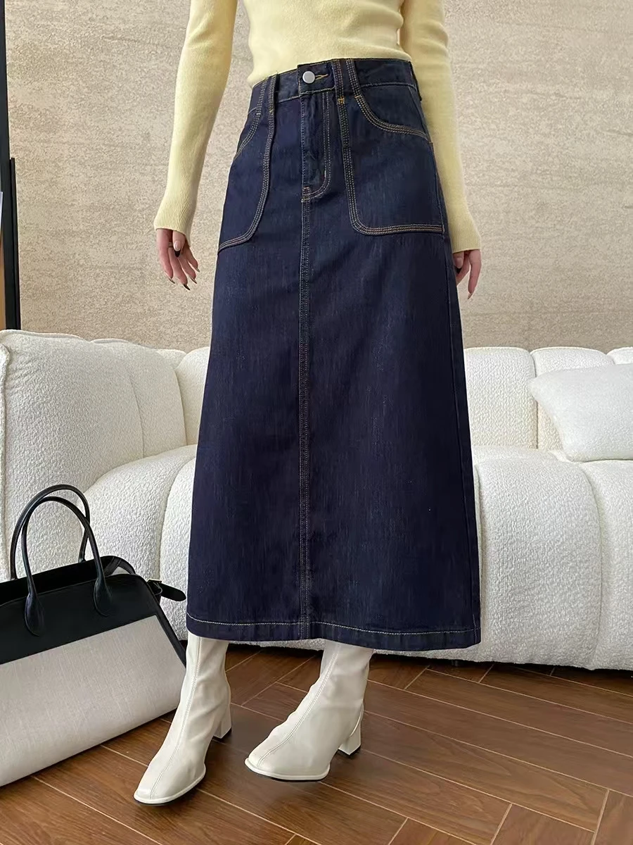 Color Blocking Bright Thread Outer Seam Retro Washed Cotton High Waisted Loose A-Line Denim Skirt