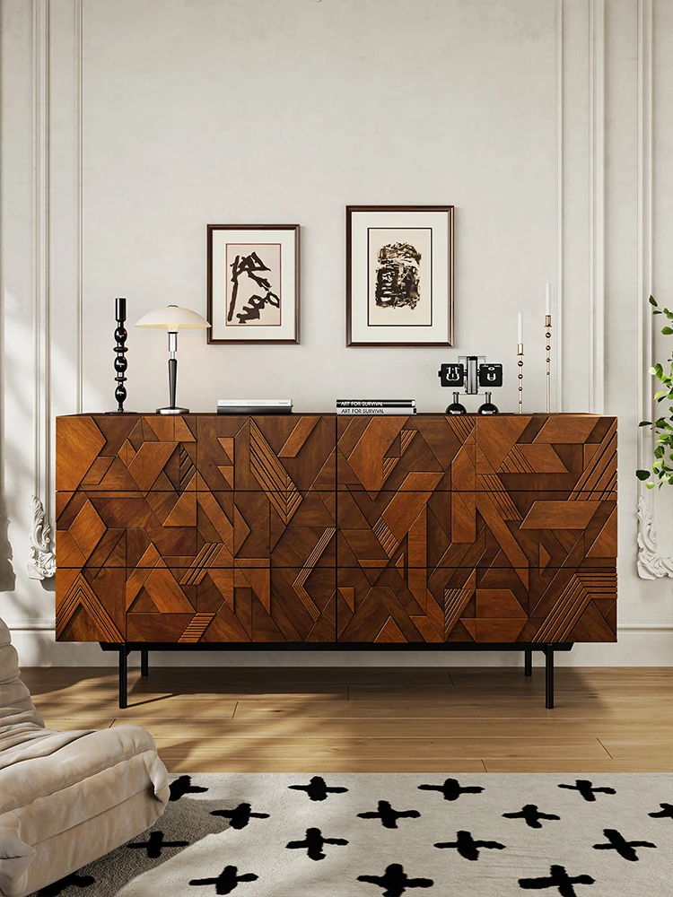 Carved dining side cabinet, light luxury and quiet storage, black oak color porch cabinet
