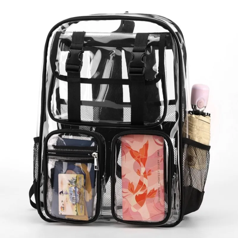 Transparent PVC Backpack Unisex Casual Clear Daypack Large Multi-Pocket Student Schoolbag Waterproof Beach Travel Rucksack