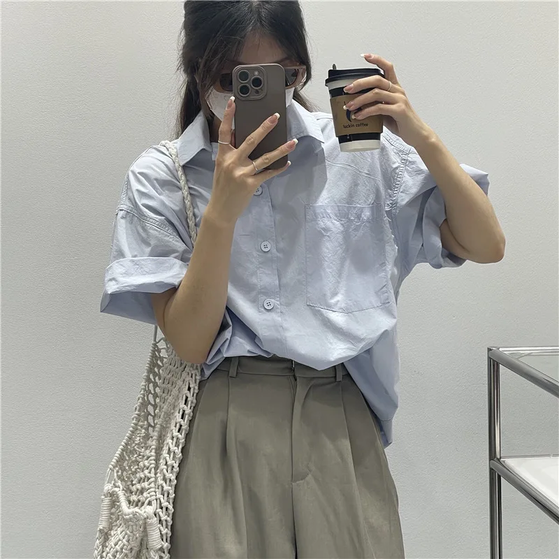 

Укороченная рубашка в сетку с коротким рукавом, женская художественная галерея, модная городская студенческая молодежная художественная современная массивная рубашка