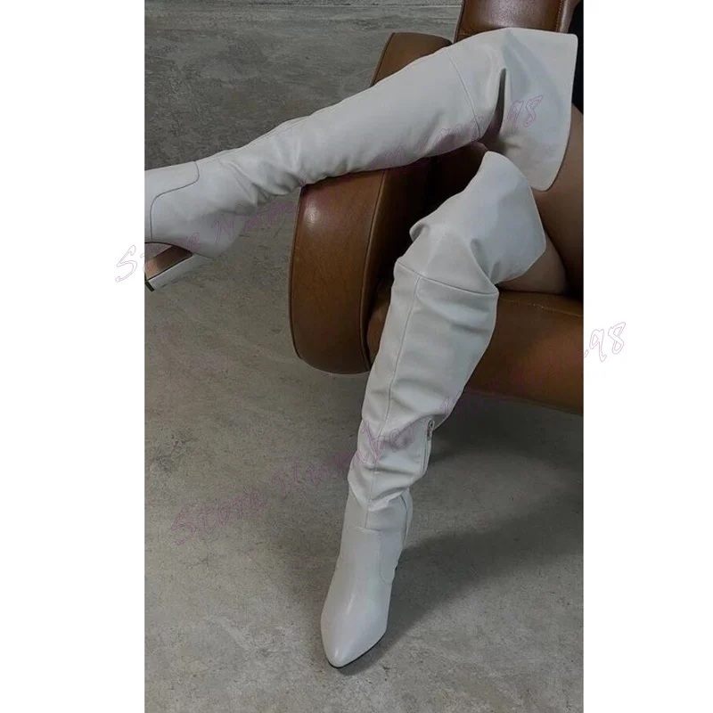 

White Over The Knee Chunky Heels Boots Pointed Toe Shoes for Women Matte Leather Sexy Party Shoes 2024 Zapatos Para Mujere