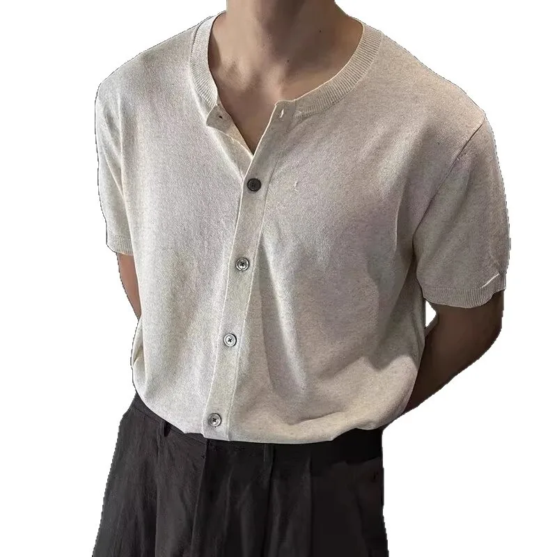 Men's T-shirt summer outdoor casual comfortable T-shirt men's short sleeved high-end loose lazy style cardigan knitted T-shirt