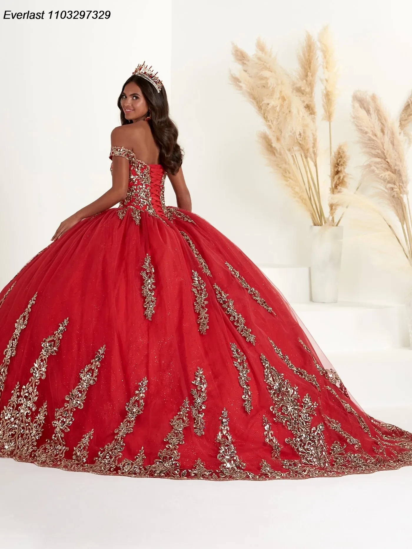 EVLAST-vestido De quinceañera rojo, traje De baile con apliques De encaje dorado, corsé con cuentas, vestido mexicano dulce 16, 15 Años, TQD846, 2024