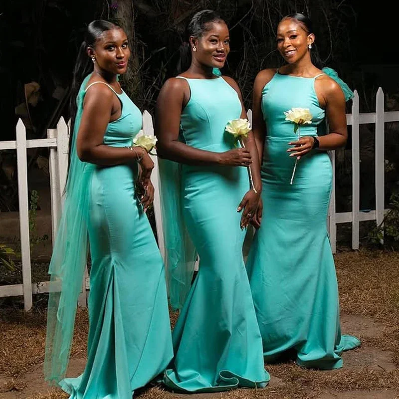 청록색 인어 신부 들러리 드레스 긴 새틴 스트랩 웨딩 게스트 가운 섹시한 파티 가운 댄스 파티 이브닝 ​​드레스 맞춤형