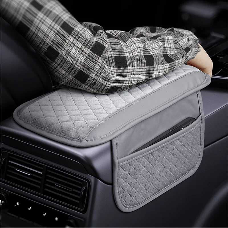 Car Central Control Storage Box Bag PU Leather Plush Car Armrest Organizer Decoration Pad Elbow Support Auto Accessory 