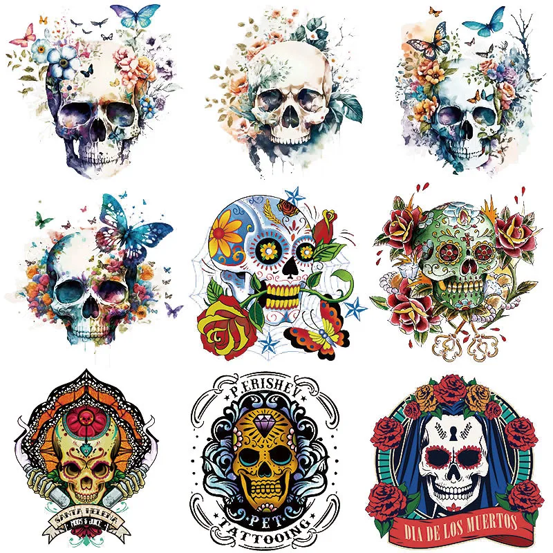 Punk Style Skull Iron-on Thermal Stickers for Clothes, T-shirt, DIY, Colorful Tuya Painting, Heat Transfer Patch Applique