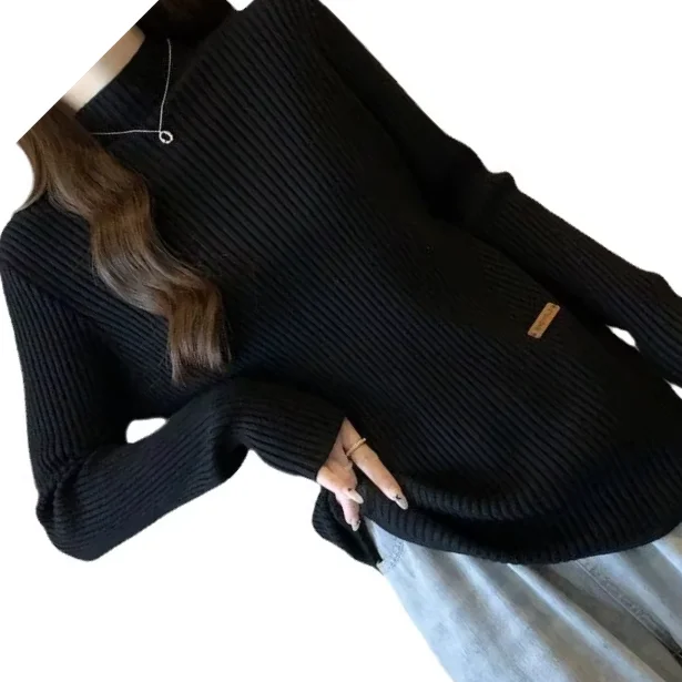 Large Size Women's Clothing Spring And Autumn New Solid Color Pit Strips Inside And Outside Semi-turtleneck Long-sleeved Top