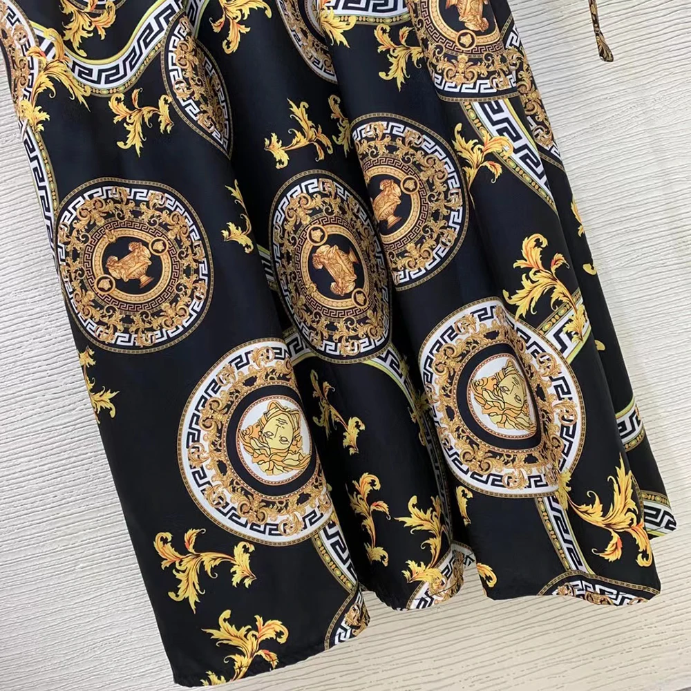 Baroque Retro Print Polo High Waist Long Sleeve Maxi Dresses for Women Spring 2023 New Korean Fashion Clothing Elegant Ladies