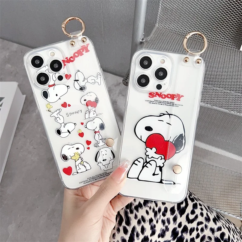 Cartoon Funny Cute Snoopy Peanut Crossbody Straps Wrist Strap Stand Phone Case For iPhone 11 12 13 14 15 Pro Max Soft TPU Cover