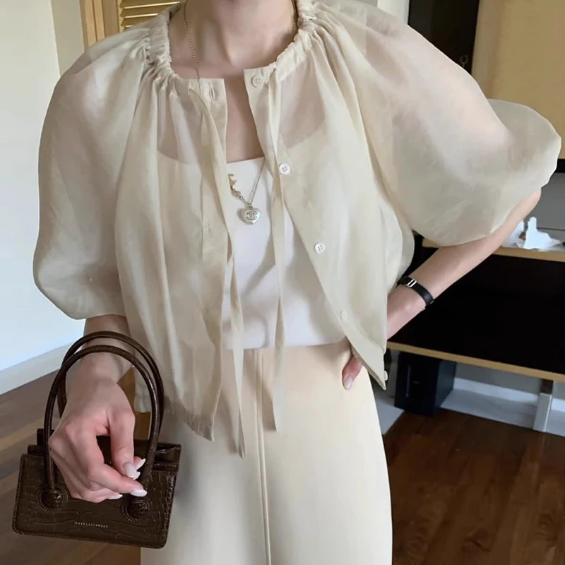 

Chic Summer round Ne Dstring Loose Fit ort Microtranslucent Sun Protection irt Outerwear Women's Faionable Breezy Top