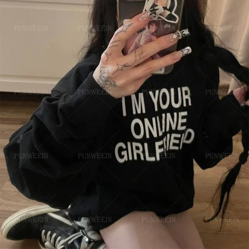 Goth Letter Print Hoodies Women Harajuku Loose Long sleeved Pulllover Vintage Punk Sweatshirt Casual Hoody Anime Y2K Clothes