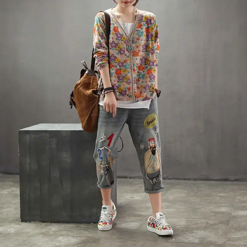Vintage Loose Sweaters Coat Spring Autumn Long Sleeve V-Neck Women Clothing Jacquard Floral Graphic Casual Knitted Cardigans Top - view 3