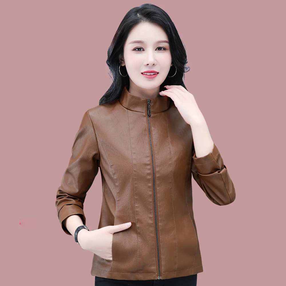 Women'S Korean Short Stand Collar Leather Coat Lady Spring And Autumn 2023 New Fashion Western-Style Versatile Pu Jacket