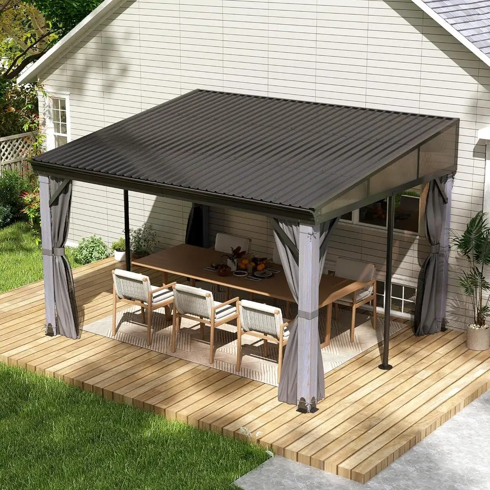 10'x12' Wall-Mounted Hardtop Gazebo with Galvanized Steel Roof for Outdoor Garden Backyard