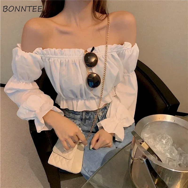 

Blouses Women Trendy Popular Chic Slim Elegant Mellow Temperament Slash Neck Off Shoulder Puff Sleeve Spring All-match Fashion