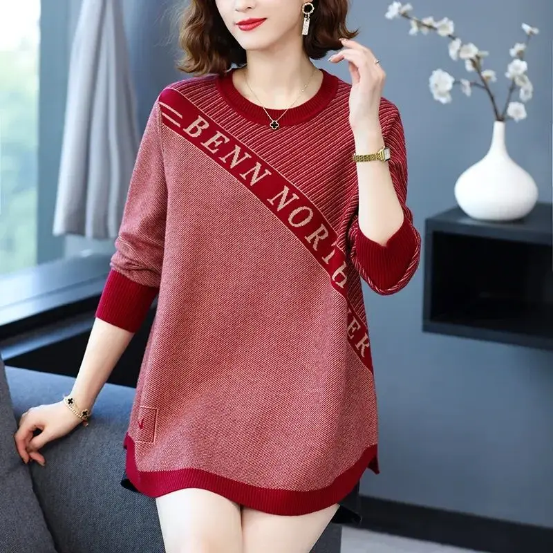 Fashion Striped Patchwork Letter Sweaters Autumn Winter Casual Loose Women\'s Clothing O-Neck Korean Long Sleeve Knitted Jumpers