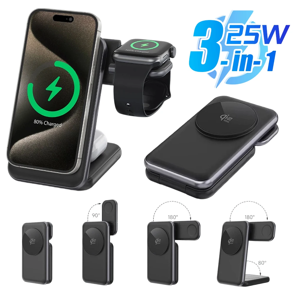 

25W 3in1 Magnetic Foldable Charging Dock Charger Stand with Semiconductor Cooling Technology for Apple,Phone, Watche,Earphones