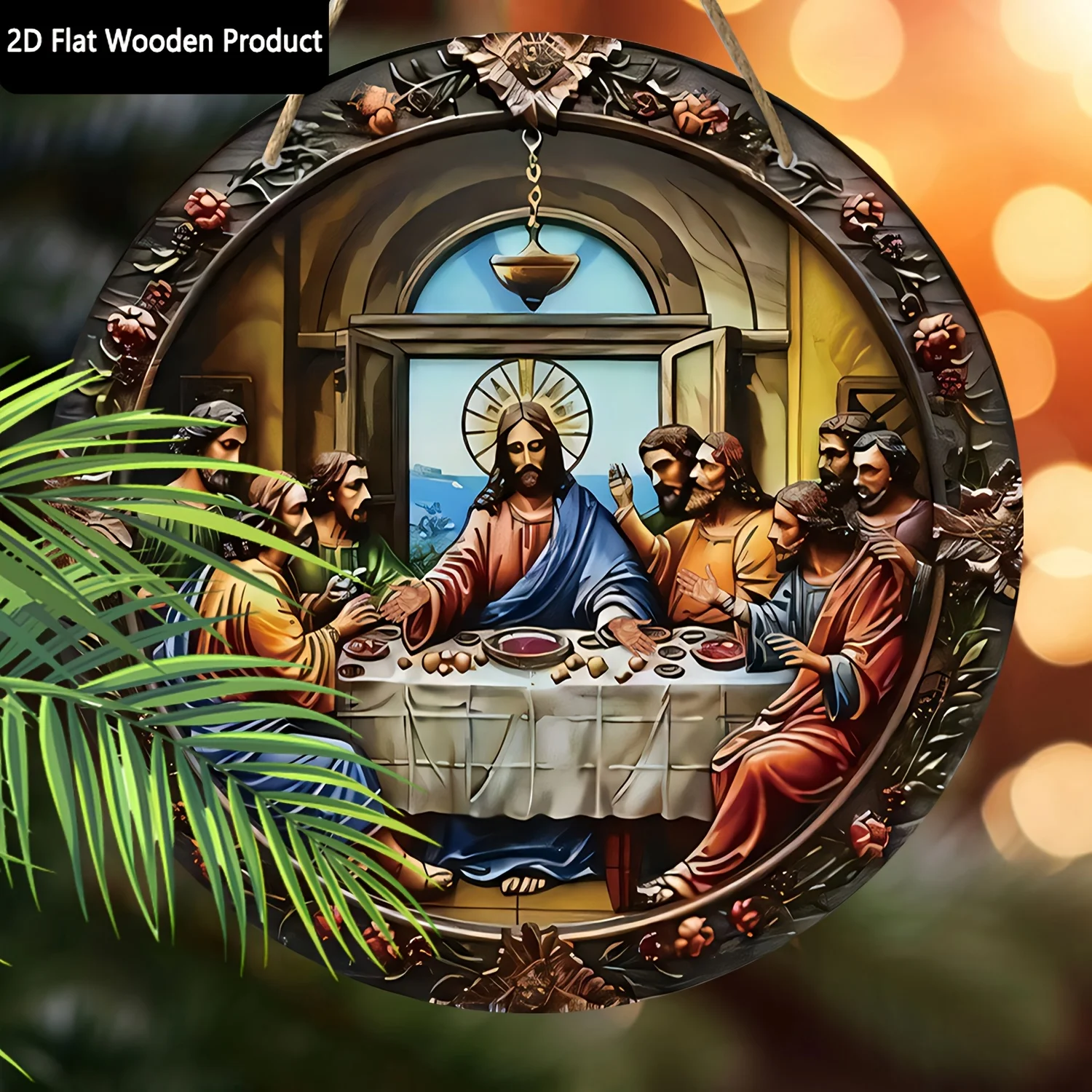 2D Flat - Wooden Wreath Design Featuring a 2D Flat Depiction of The Easter Nativity And Last Supper, Perfect As a Decorative Pla