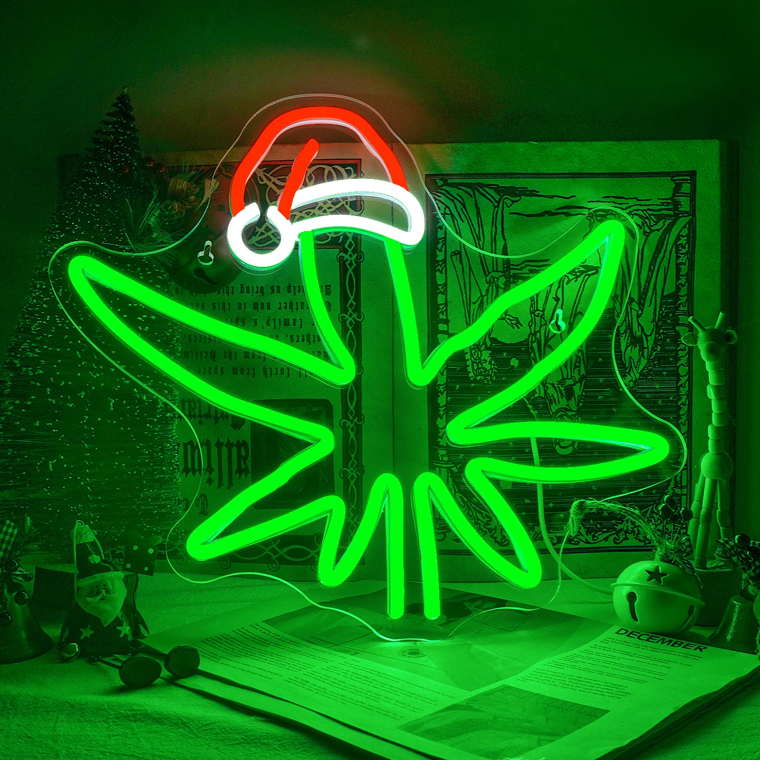 

Christmas Hat Leaf Neon Sign Led Lights Green Art Signs Xmas Room Decoration For Home Party Bedroom Bar Club Dimmable USB Lamp