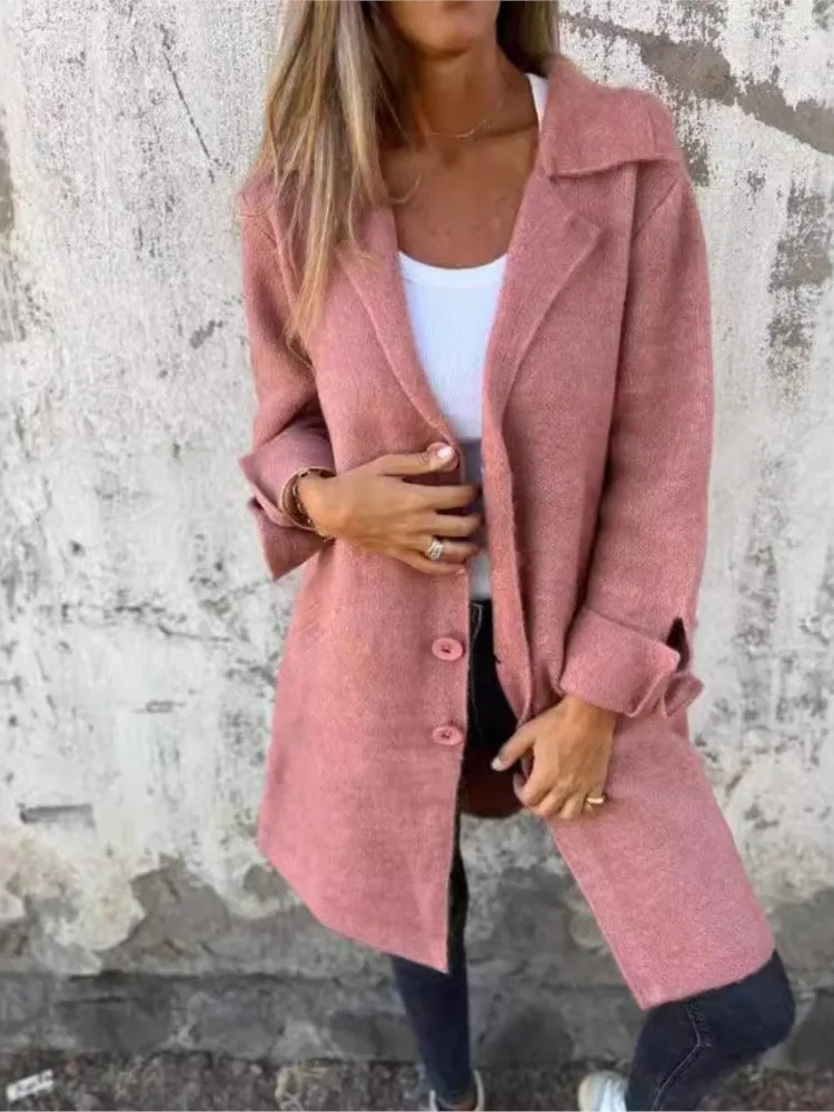 Abrigo de moda para mujer, abrigos cálidos de otoño e invierno, gabardina de estilo largo, chaqueta elegante de un solo pecho de Color puro, prendas de vestir exteriores