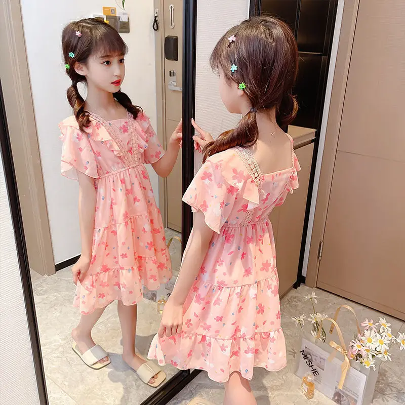 2023 New Summer Flower Full Print Elegant Princess Dresses For Girls Birthday Present Teen Children Clothing 3 4 6 8 10 12 Years