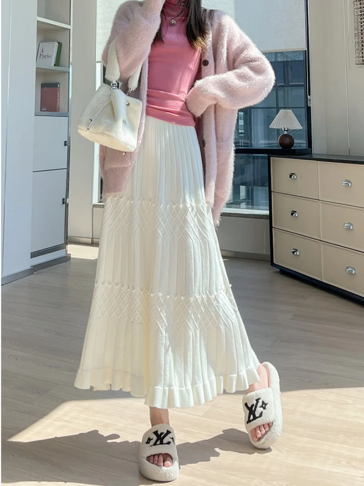 SMTHMA ソフトスティッキーデザインビーズニットスカート レディース ハイウエストスリムスカート レディース Aラインカジュアルロングスカート