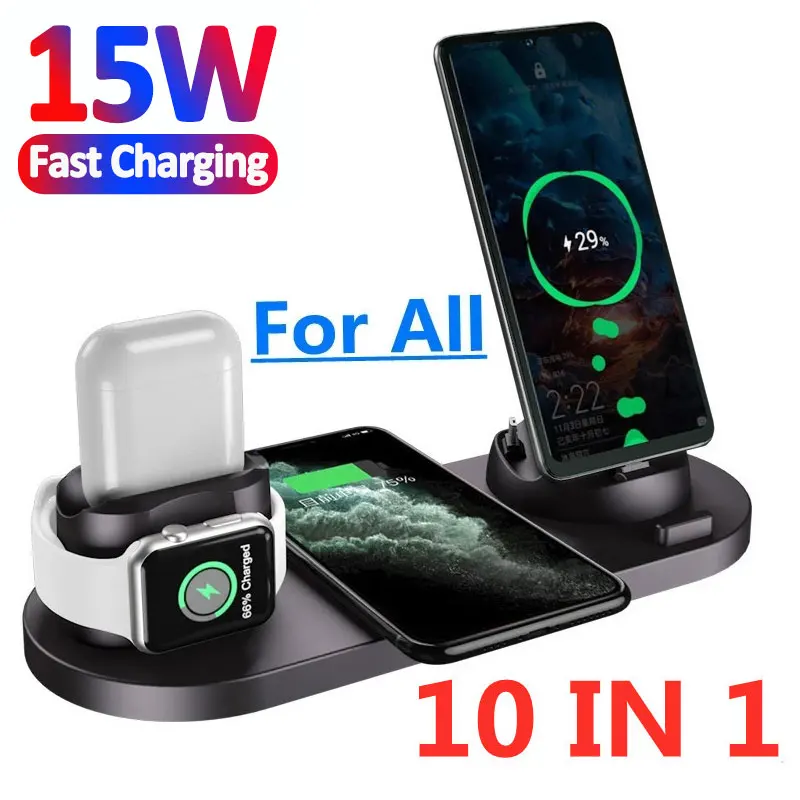 15W 10 in 1 Wireless Charger Stand For iPhone 14 13 12 Samsung Xiaomi  Fast Charging Dock Station for Airpods Pro iWatch 7 6