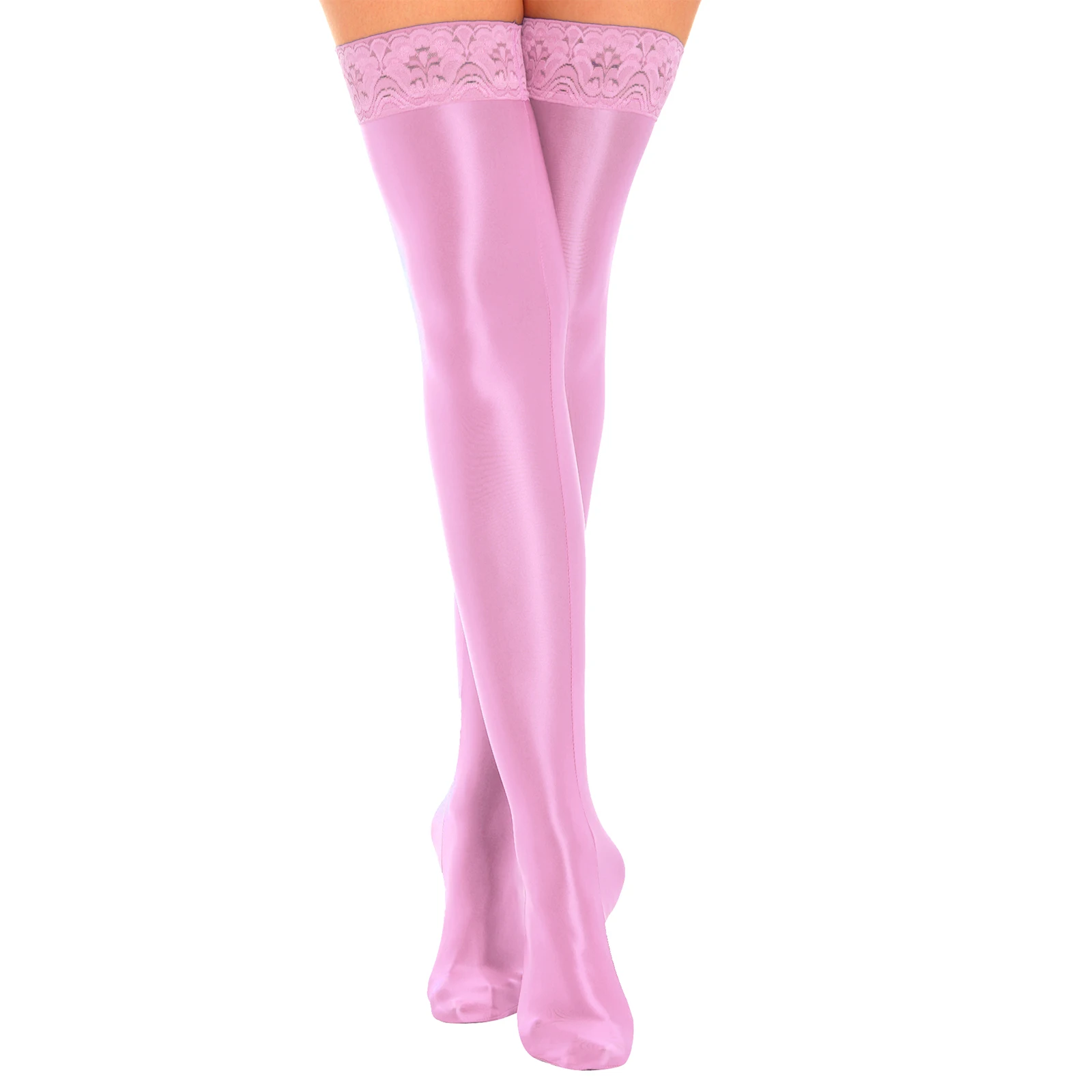 

Womens Glossy Smooth Leggings Solid Color Anti-skid Silicone Lace Trim Thigh High Socks Costume Accessories Stockings