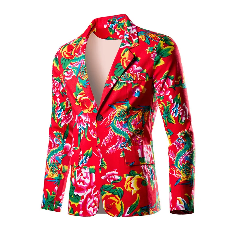 Men's China style northeast flower printed suit jacket slim-fit casual suit top trendy fashion youth blazer