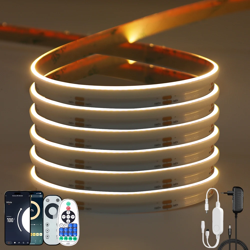 Side Emitting 2mm COB LED Strip Flex Light Tape WiFi Bluetooth APP Remote 23Key 8Key IR Touch Control DC 24V 480 LEDs Power Kit