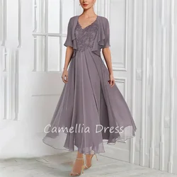 Vestido elegante con cuello en V para madre de la novia, traje de dos piezas, apliques de gasa, Vestidos formales