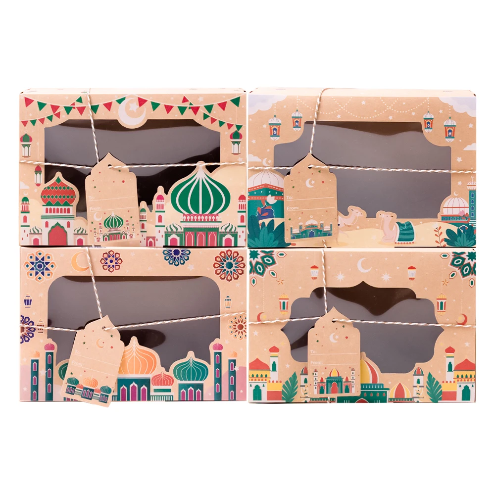 

4/8pcs Eid Mubarak Gift Bags with Clear Window Ramadan Mubarak Candy Boxes with Tags Goodie Bags Eid Event Muslim Party Supplies