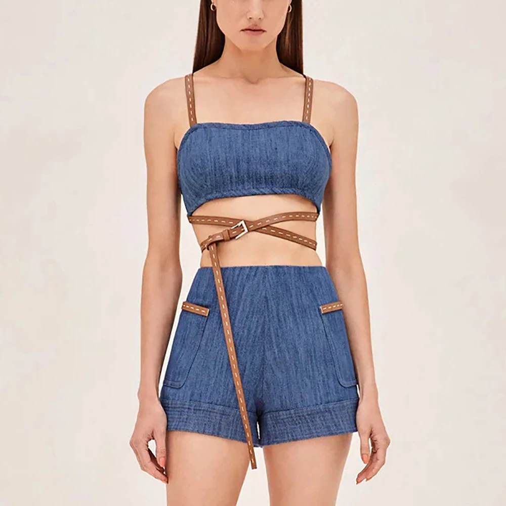 

Women's Belt Decoration Cotton Wrap Vest, Simple Fashion, Commuter Hundred Denim Bustier Tops, Summer, New, Y2k, 2024