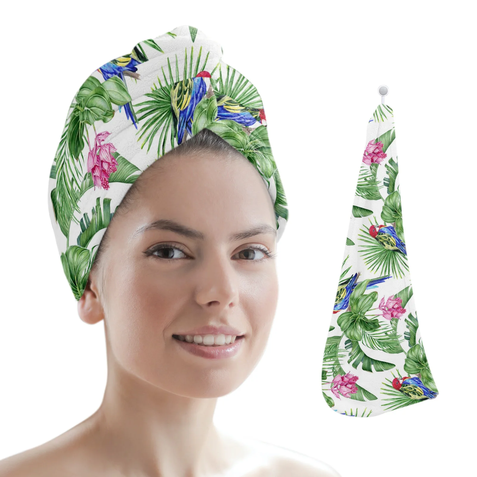 Toalla de secado de pelo para mujer, gorro de secado rápido con cabeza de ducha, turbante de loro Tropical, hoja, para el baño