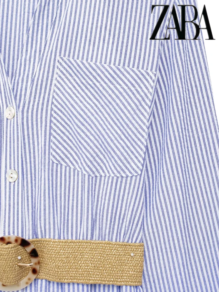 Las mujeres con cinturón de un solo pecho de manga larga vestido de camisa de rayas azules de la solapa de la calle elegante Commuter largo verano Resort vestidos de moda