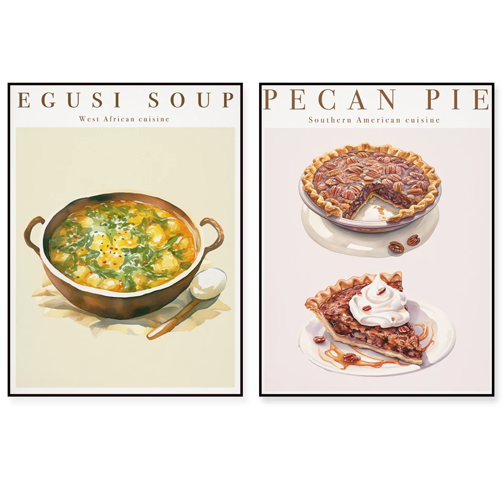Dessert food pecan pie, borscht, dumplings, African stew, seafood fettuccine, soul food, printable kitchen wall decor poster