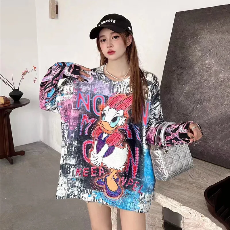 New cartoon printed loose fit long sleeved knitted top with European fashion brand heavy industry rhinestone sweater