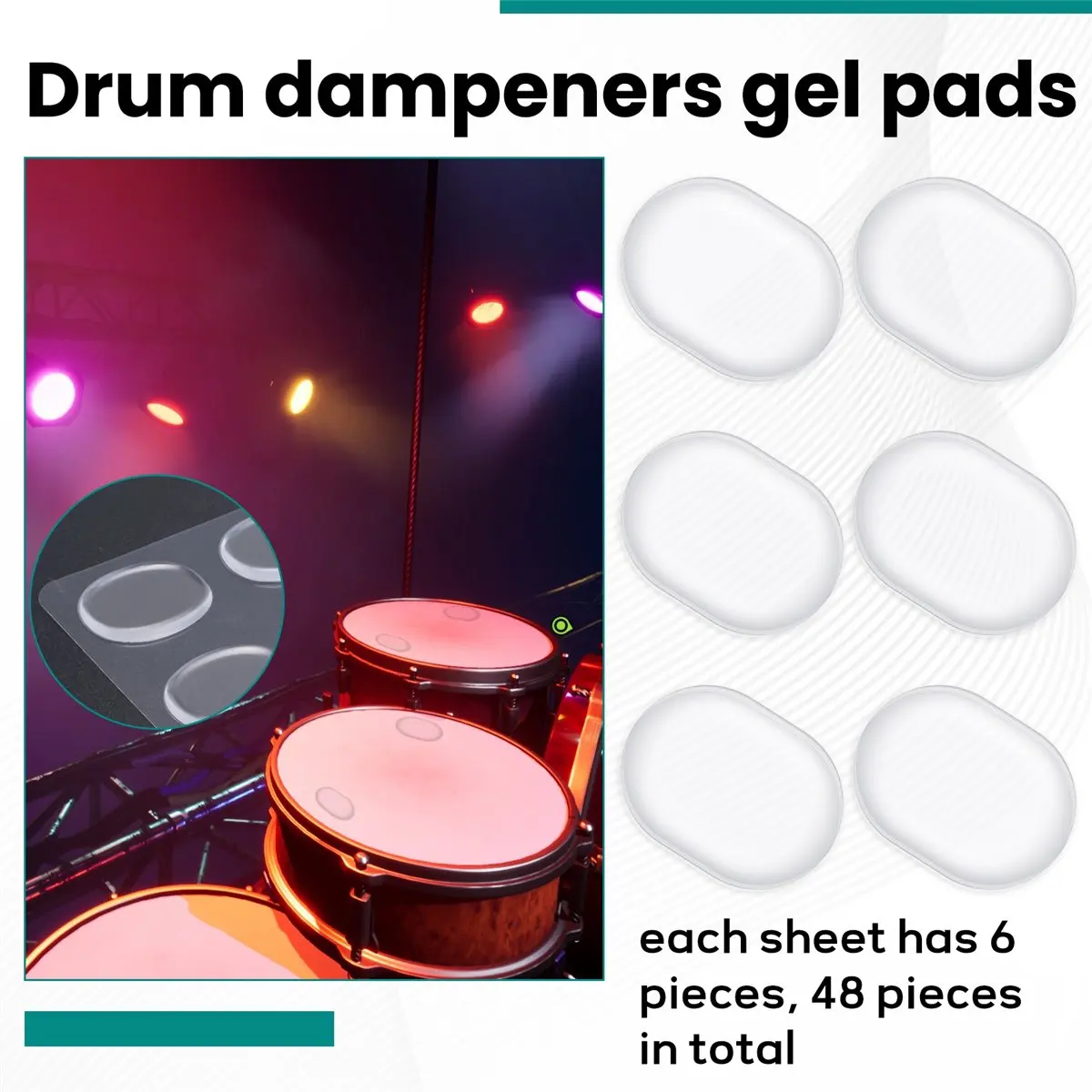 newA10R 48 Pcs Drum Dampeners Gel Pads Silicone Drum Silencers Soft Drum Dampener Drum Mute Pads Dampening Gel Pad(Transparent)
