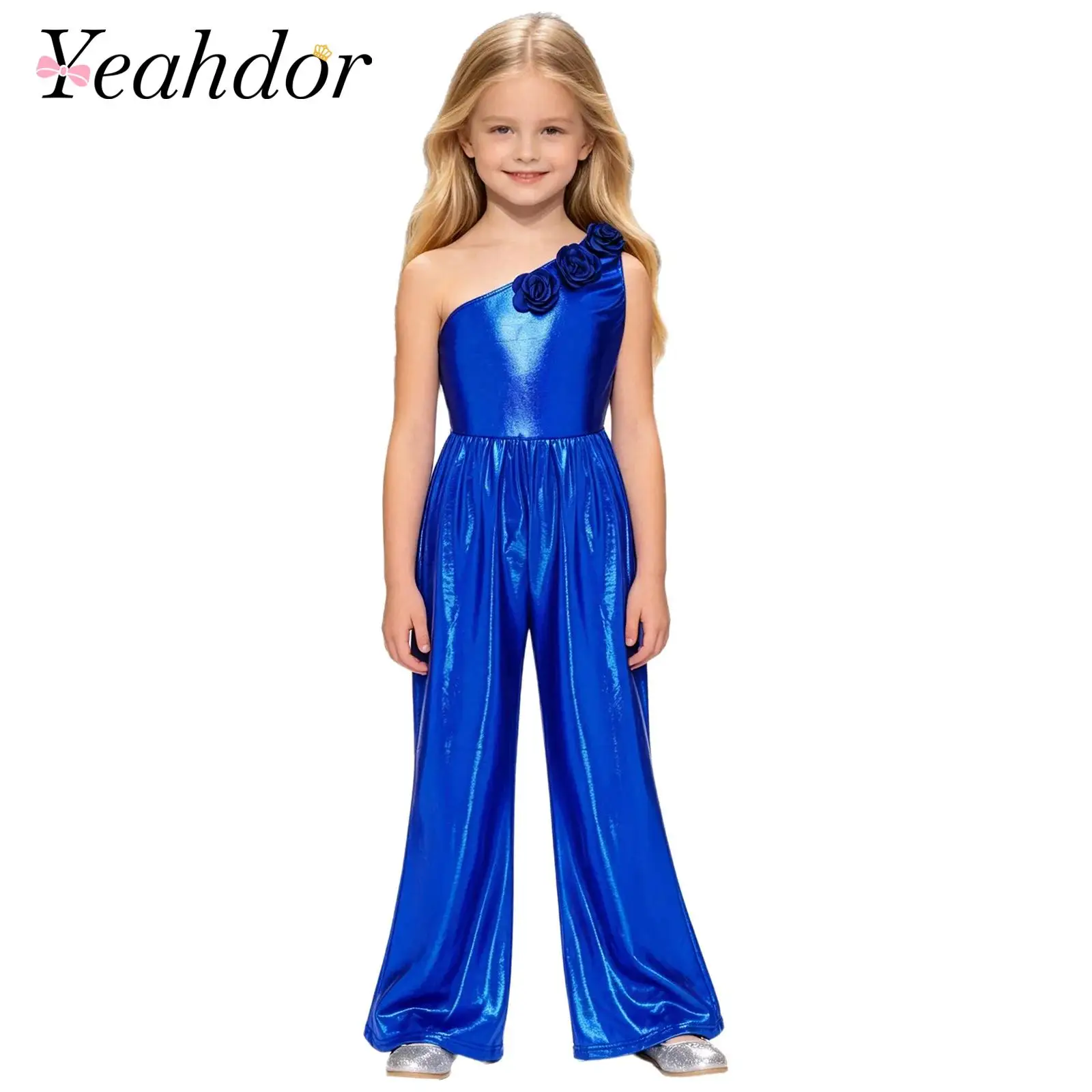 Children's 3d Flower Jumpsuits Kids Girls Metallic Rompers Jazz Dance Party Pageant Fashion One Shoulder Jumpsuit Disco Outfit