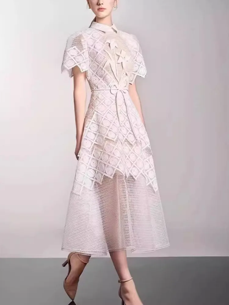 XIWEN-Three-Dimensiona Flower Plaid Dress for Women, Mesh Bandage, Patchwork, High Waist, A-line, New, Autumn, 2024, XF2477