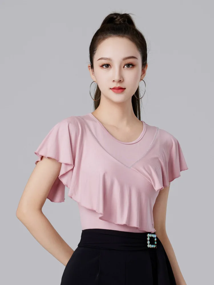 Solid Color Latin Dance Costume Tops Women Sports Jazz Rhinestones Wear Evening Practice Clothes Short Sleeve Dancewear T-shirt