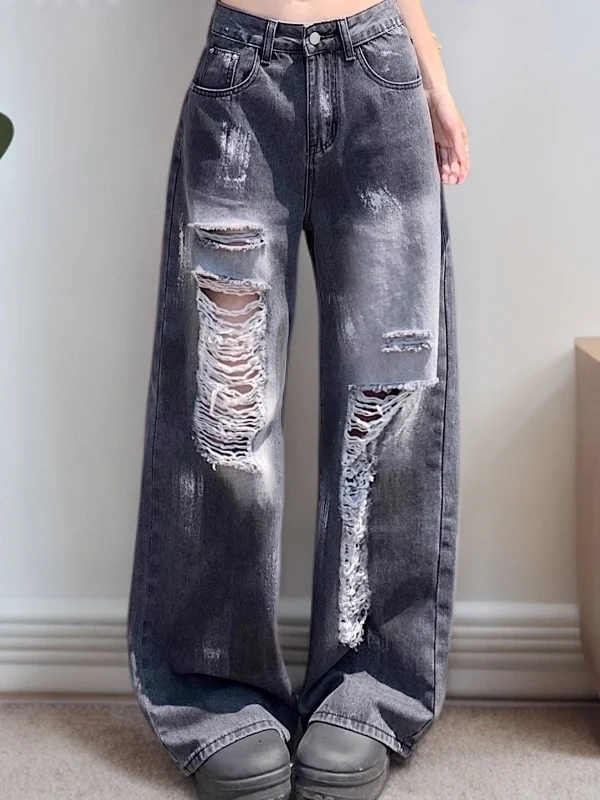 

Винтажные джинсы с высокой талией и широкими штанинами, свободного кроя, в пол, повседневные, с множеством карманов, рваные, из денима, весенняя коллекция