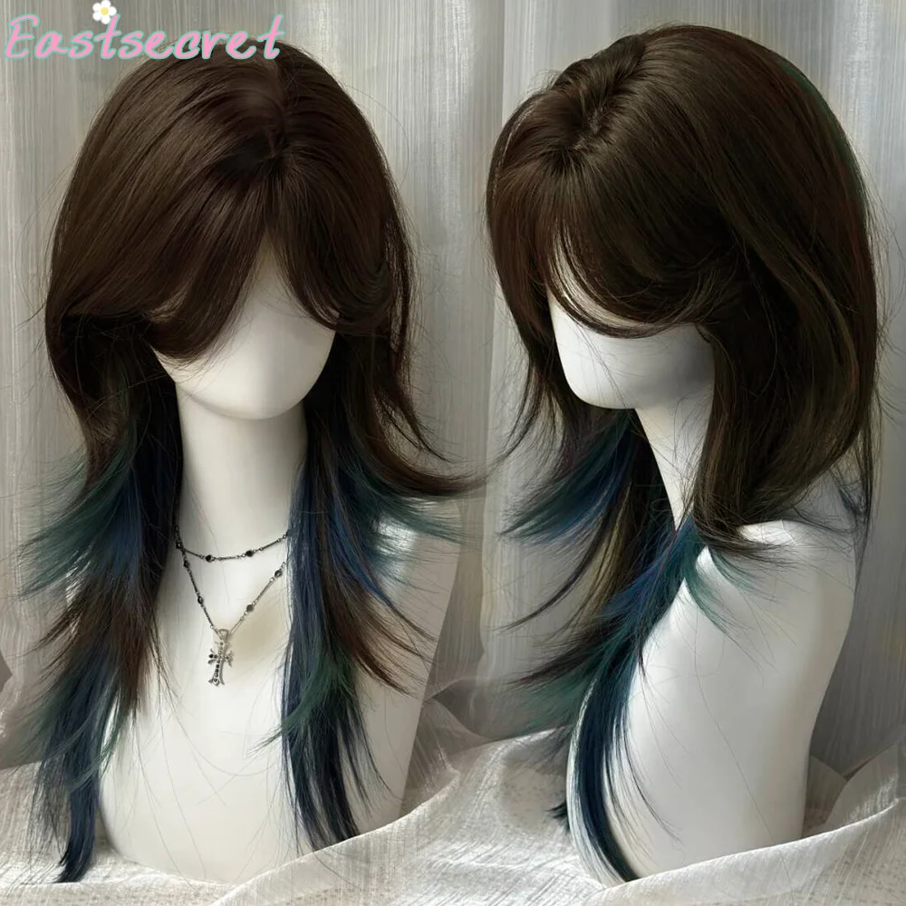 Synthetic Cold Brown Pick Dyeing Wolf Tail Wig Female Long Hair Highlighted Jellyfish Mullet Head Long Straight Hair Cos Wig