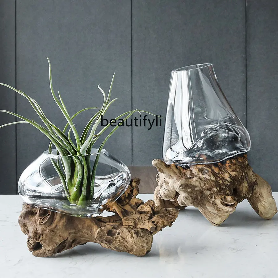 yj Modern Minimalist Floor Glass Vase Wood Root Carving Decoration High-End Decoration Fish Tank