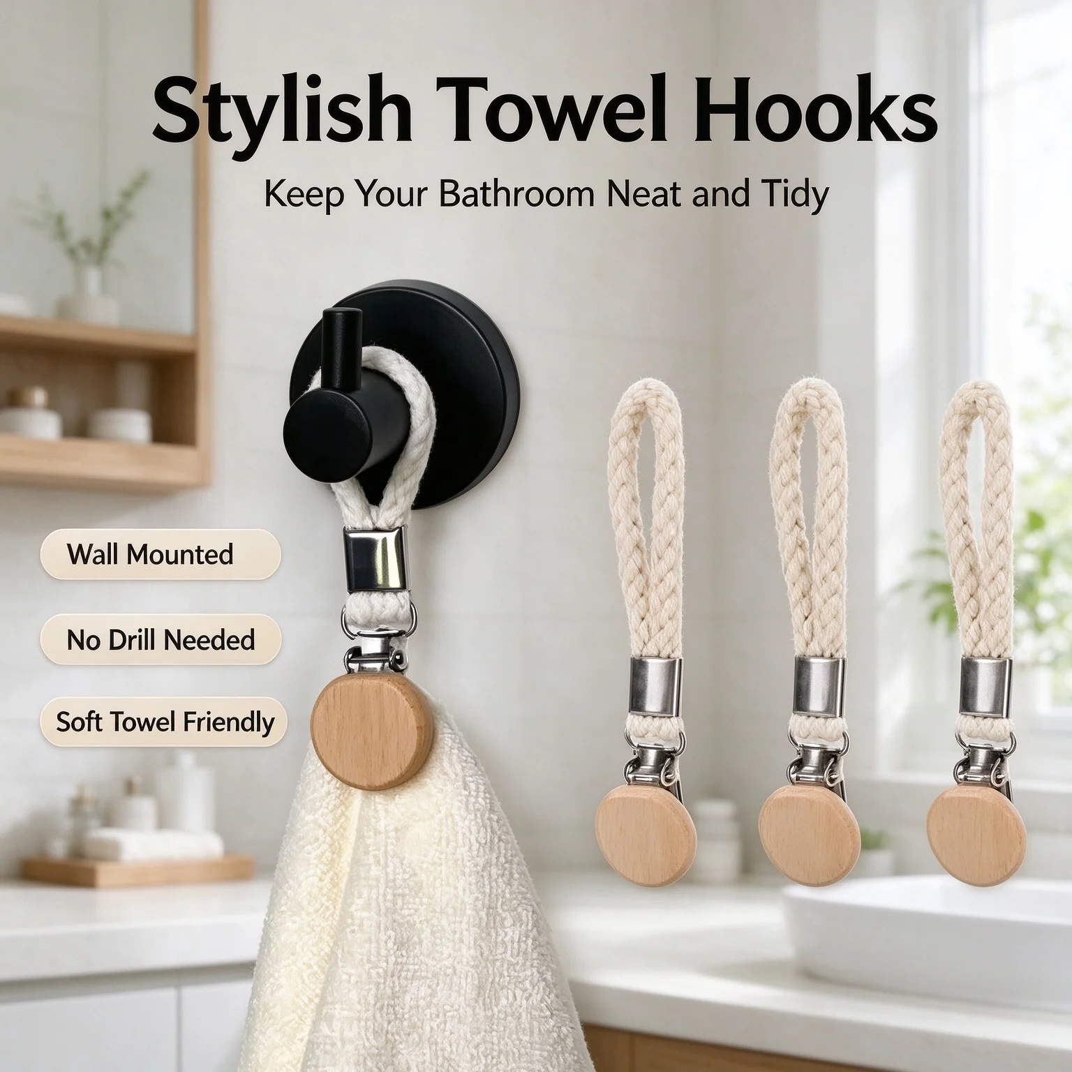 1-6pcs Household Bathroom Towel Clip Non Perforated Kitchen Towel Clip Woven Rope Beech Wood Round Head Multi Functional Storage