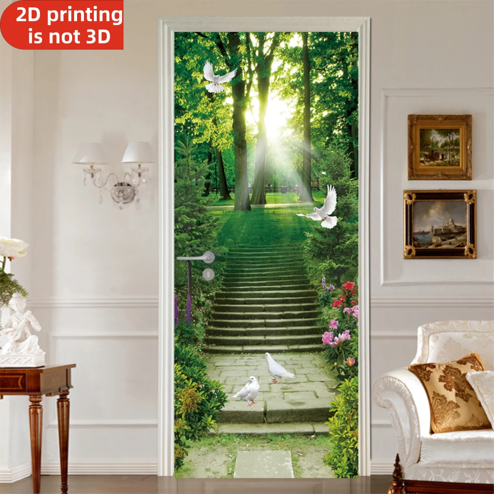 Self-adhesive Door Stickers Sunlit Forest Stairway With White Doves Vinyl Fridge Cover Decal Peel and Stick Wallpaper for Home