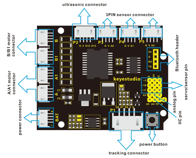 Keyestudio L298P hızlı konnektörler Motor sürücü kalkanı Arduino için ekstra 2.54mm pin başlıkları 4 sabitleme delikleri 3mm